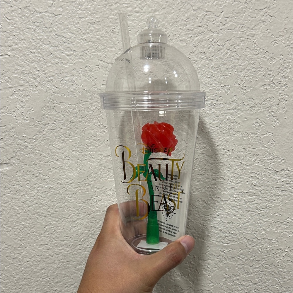Disney Beauty and the Beast Cup with Red Rose and Green Stem